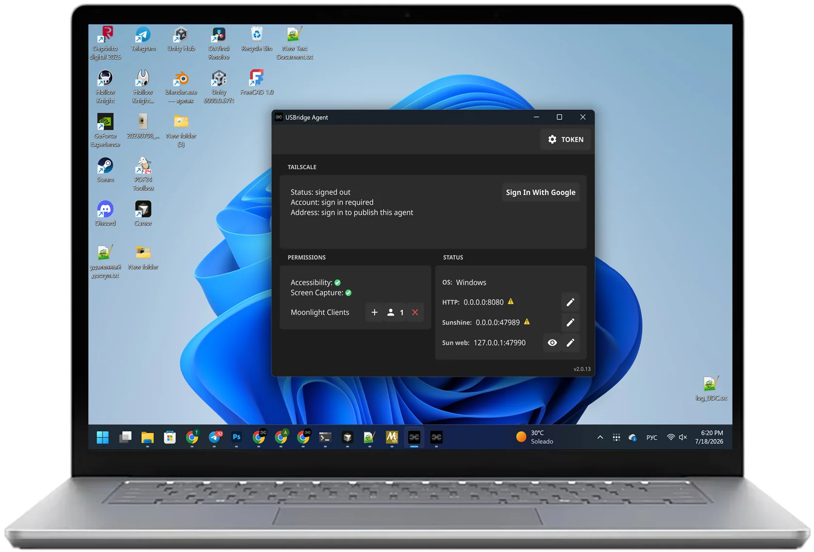USBridge Remote software interface showing responsive remote management client on laptop screen