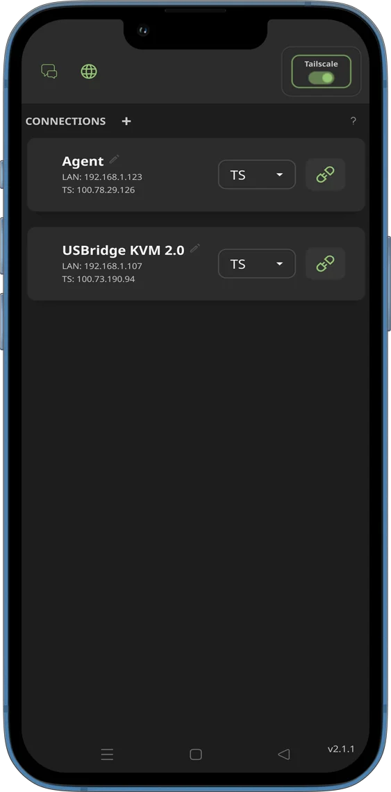 Mobile web app KVM interface showing Connection Status