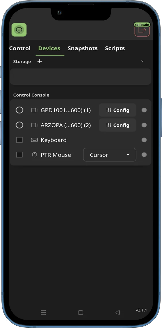 Mobile web app client dashboard interface showing Peripherals Screen