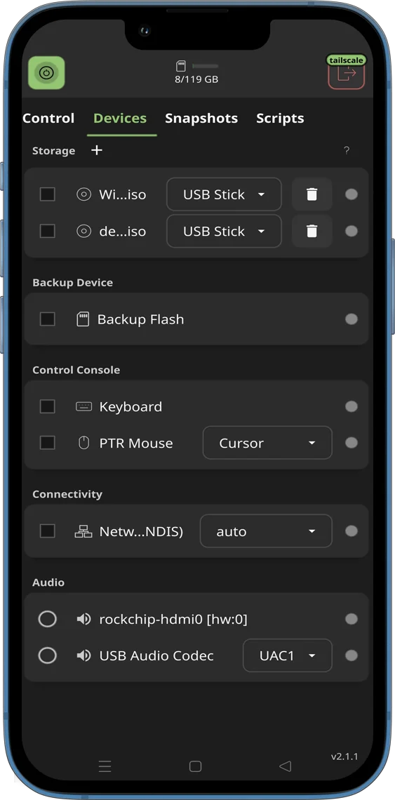 Mobile web app KVM interface showing Peripherals Screen