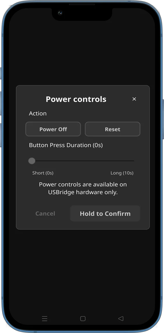 Mobile web app client dashboard interface showing Power Control