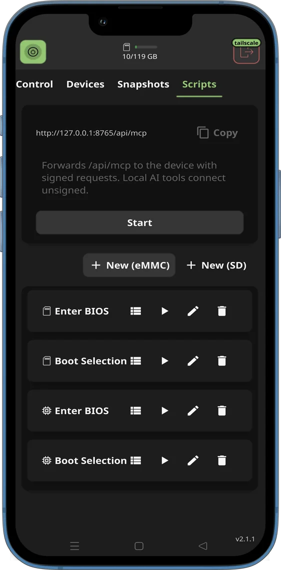 Mobile web app KVM interface showing Automation Scripts