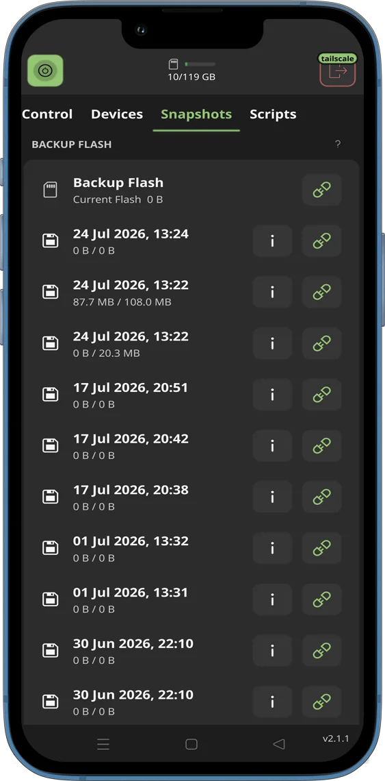 Mobile web app KVM interface showing Snapshots